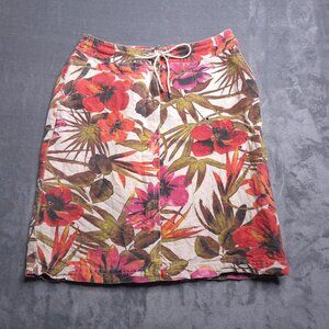 Chicos Tropical Floral Linen Blend Skirt 12 (2) Drawstring Waist Pockets Slit